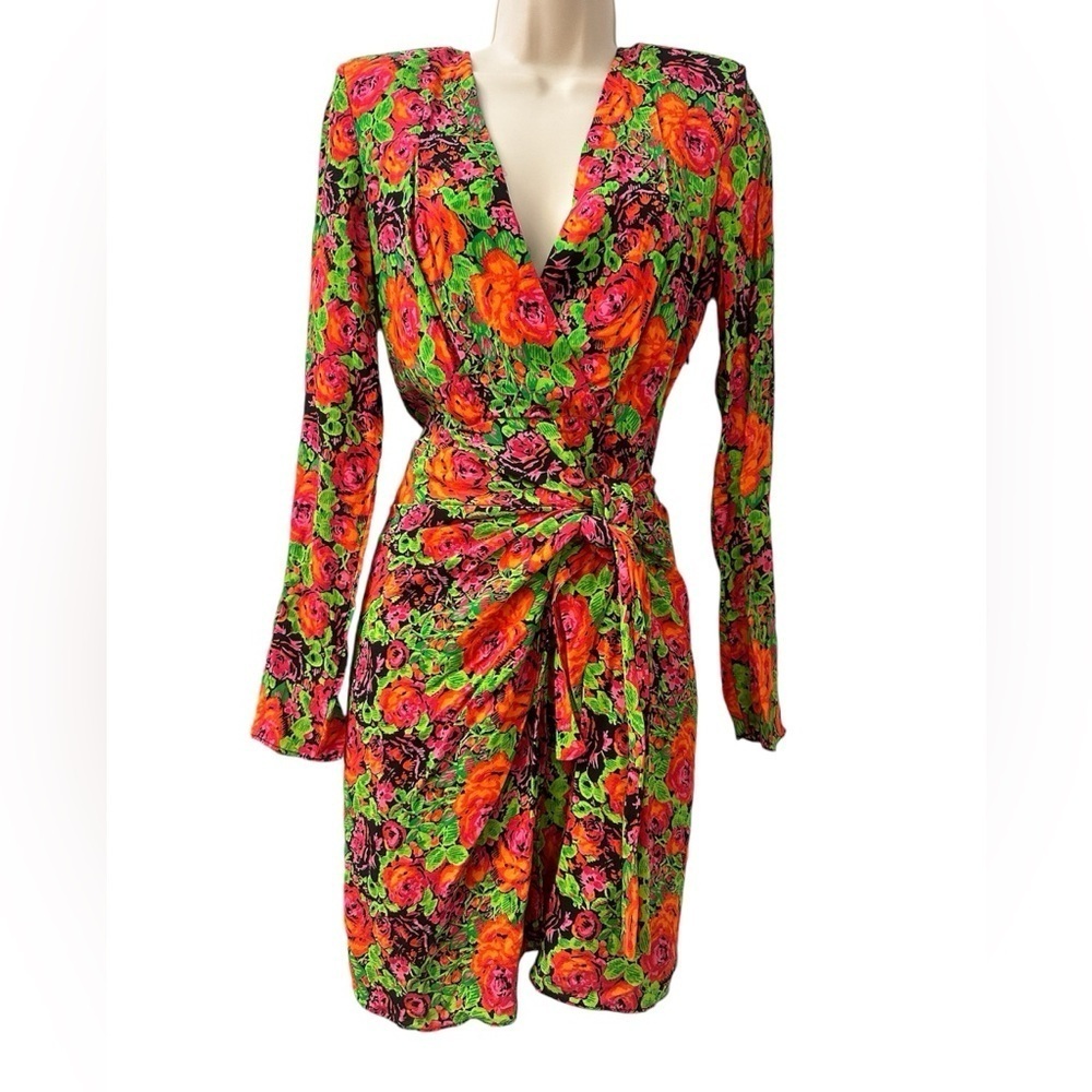 Zara Women’s Floral Print Wrap Dress With Shoulder Pads, Size Xs